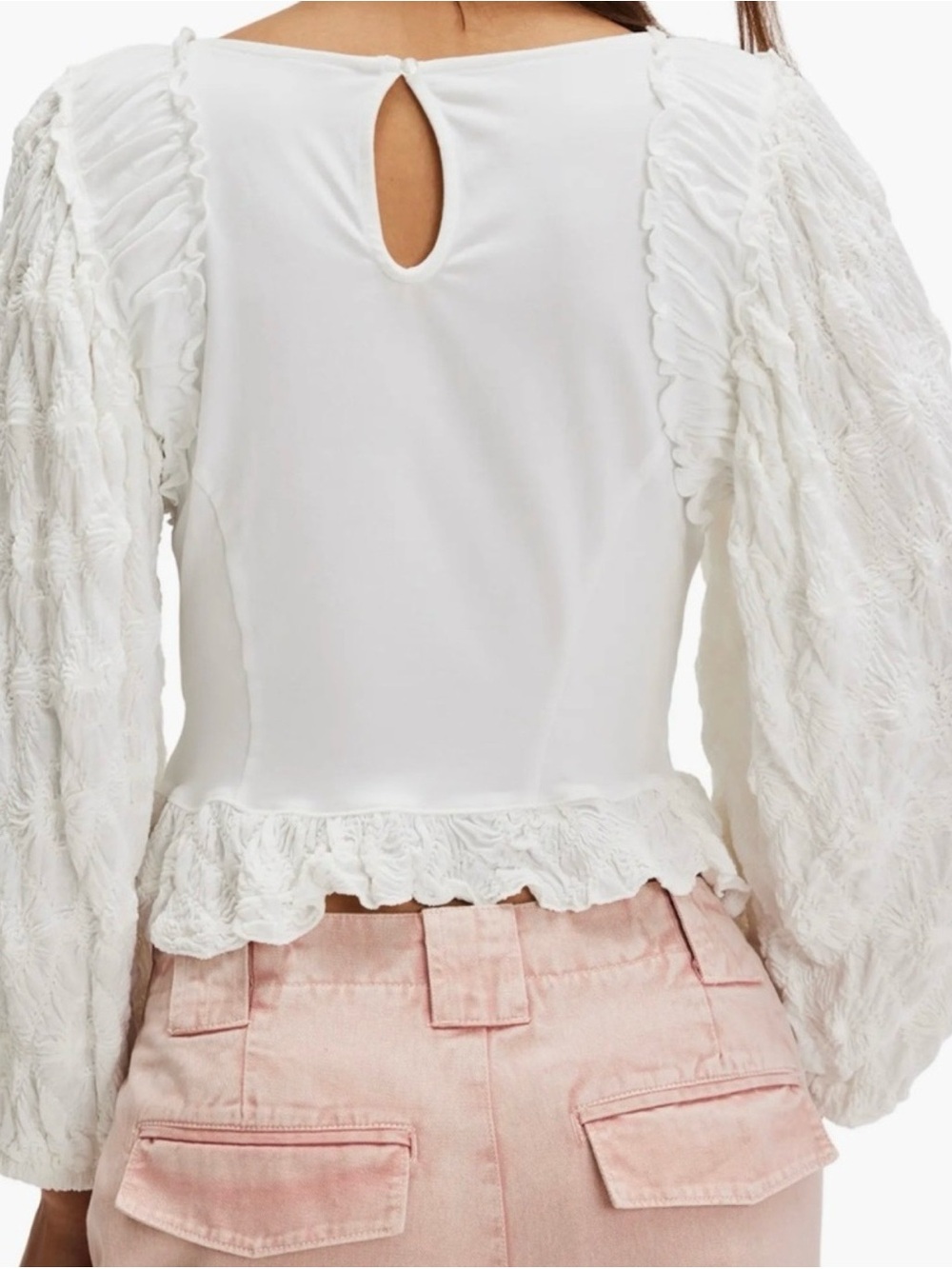 Free People Olivia Top Balloon Sleeves Cropped Ruffle Blouse Size XL Boho - Picture 2 of 10